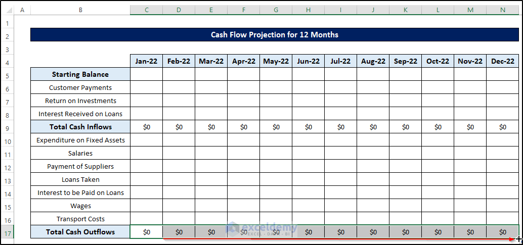 Estimate Total Cash Outflows to Create Cash Flow Projection for 12 Months in Excel