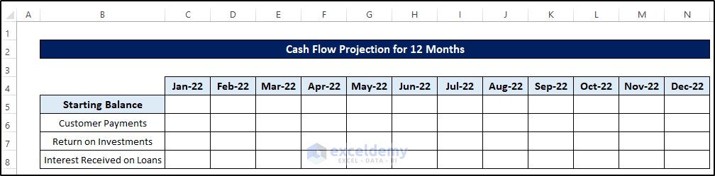 Provide All Cash Inflows to Create Cash Flow Projection for 12 Months in Excel