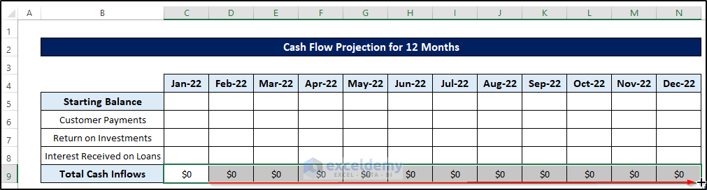 Calculate Total Cash Inflows to Create Cash Flow Projection for 12 Months in Excel
