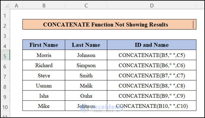 Excel CONCATENATE Showing Formula Not Result as Equal Sign “=” Is Missing Before Formula