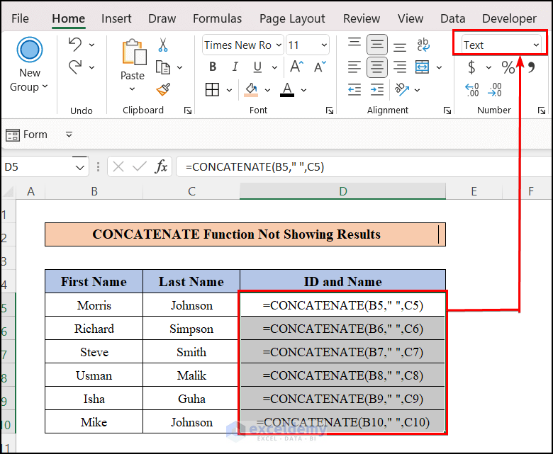 Excel CONCATENATE Showing Formula Not Result as Cell Format Is Set to Text
