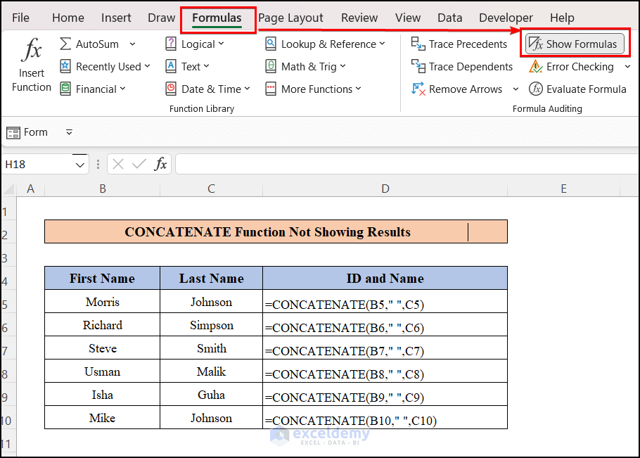 Excel CONCATENATE Showing Formula Not Result as Show Formulas Option Is Enabled