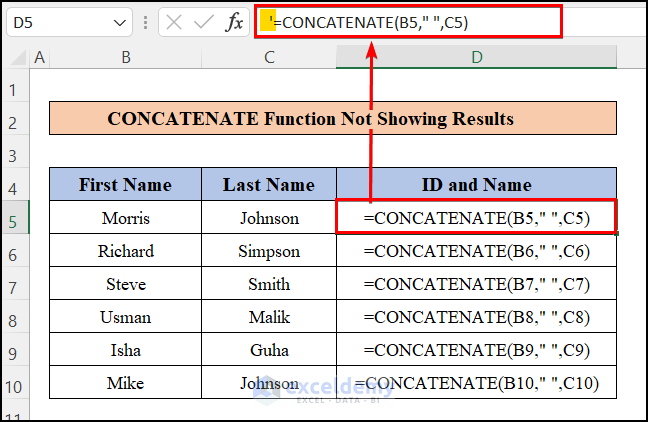 Excel CONCATENATE Showing Formula Not Result as Formula Starts with a Quote Symbol