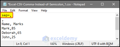 Using Notepad to set the delimiter as a comma instead of a semicolon in a CSV file in Excel