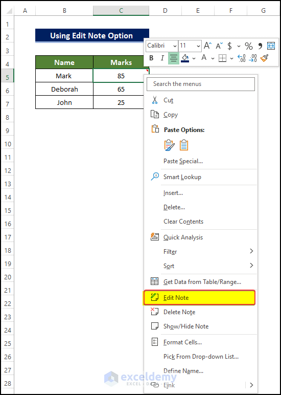 Select Edit Note to change comment color in Excel