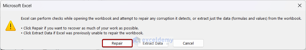 Allow Repair of the corrupted Excel file