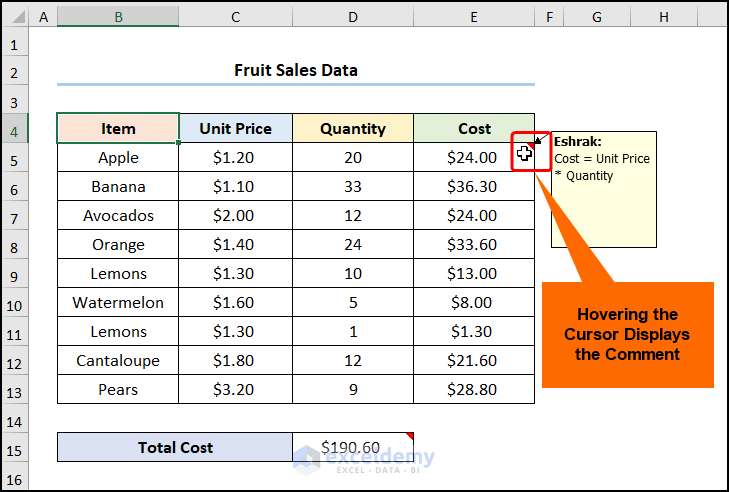 excel comment only showing arrow display comment on hovering