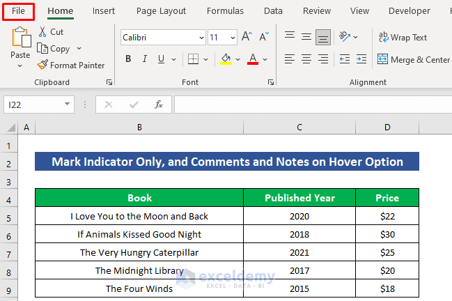 Go to File Tab to Display Comments in Excel