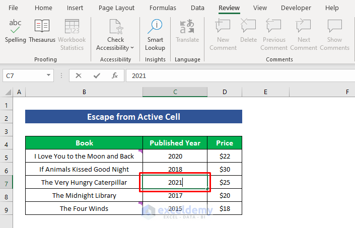 Escape from Active Cell in Excel by Releasing Cursor