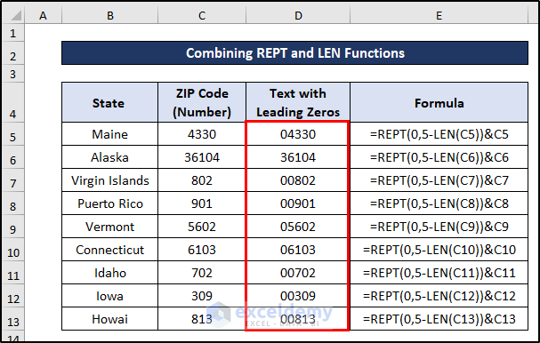 Combining REPT and LEN Functions to Convert Number to Text with Leading Zeros in Excel 