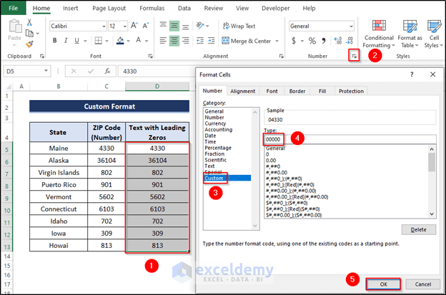 Utilizing Custom Format to Convert Number to Text with Leading Zeros in Excel