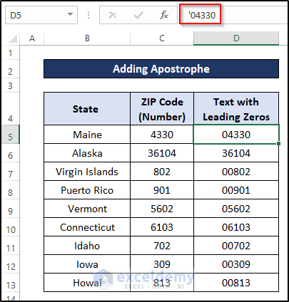 Adding Apostrophe Before Number to Convert Number to Text with Leading Zeros in Excel