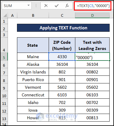 Applying TEXT Function to Convert Number to Text with Leading Zeros in Excel