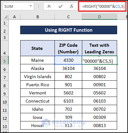 Using RIGHT Function to Convert Number to Text with Leading Zeros in Excel