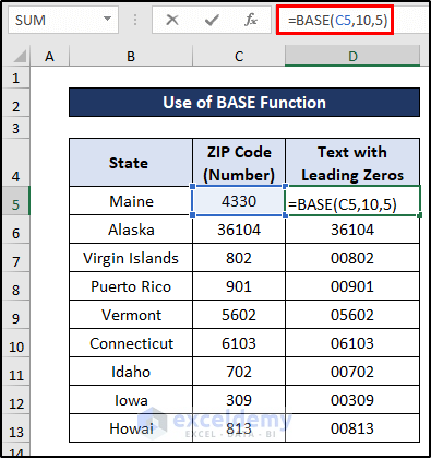 Use of BASE Function to Convert Number to Text with Leading Zeros in Excel