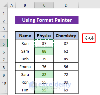 Drag the Format Painter Along the Cells to Copy and Paste Conditional Formatting Including Colors