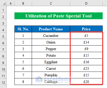 Utilize Paste Special Tool