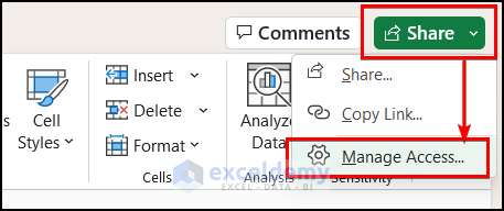Go to Share option in Excel