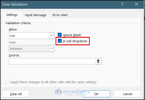 mark In-cell dropdown option in Data validation window