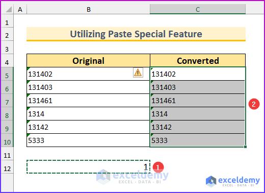 Utilizing Paste Special Feature to Convert Green Triangle to Number
