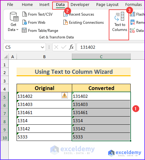 Using Text to Column Wizard to Convert Green Triangle to Number in Excel