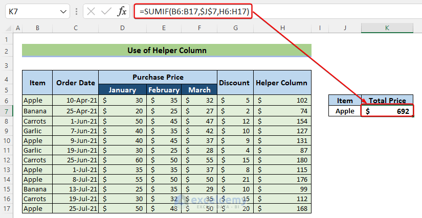SUMIF with Multiple Ranges and Criteria with a Helper Column