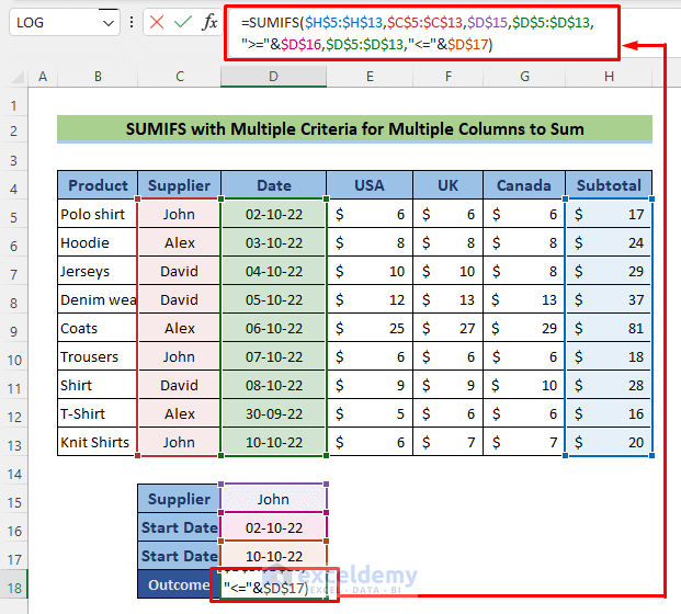 SUMIFS with Multiple Criteria for Multiple Columns to Sum