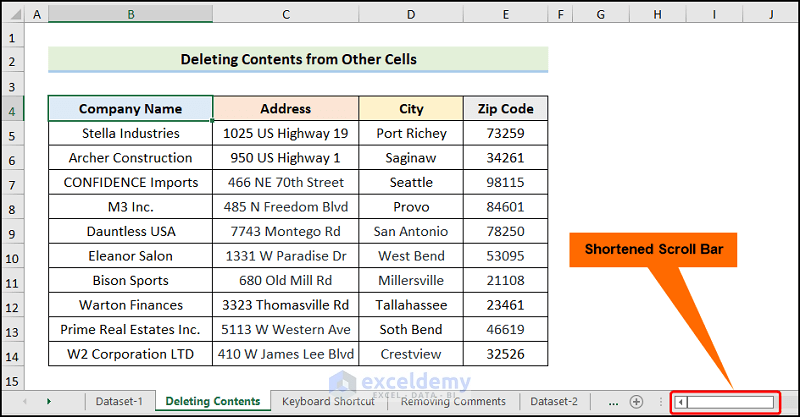 Fixing excel scroll bar too long by deleting contents from other cells