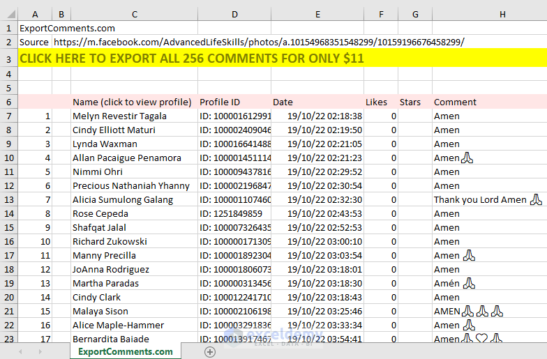 Exported Facebook Comments to Excel