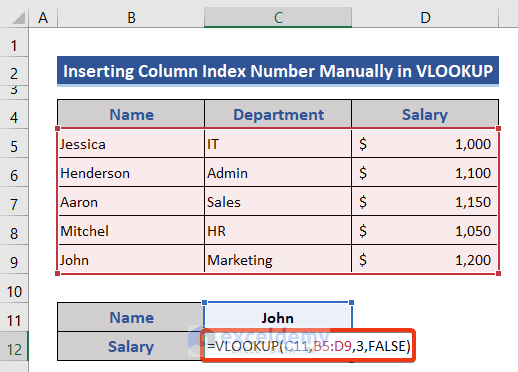 Insert Column Index Number Manually in VLOOKUP function