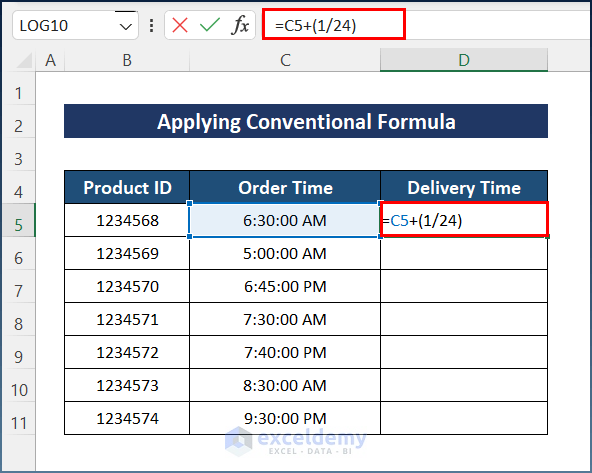 How to Add 1 Hour to Time in Excel by Applying Conventional Formula