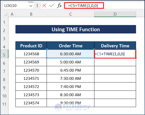 Using TIME Function to Add 1 Hour to Time in Excel