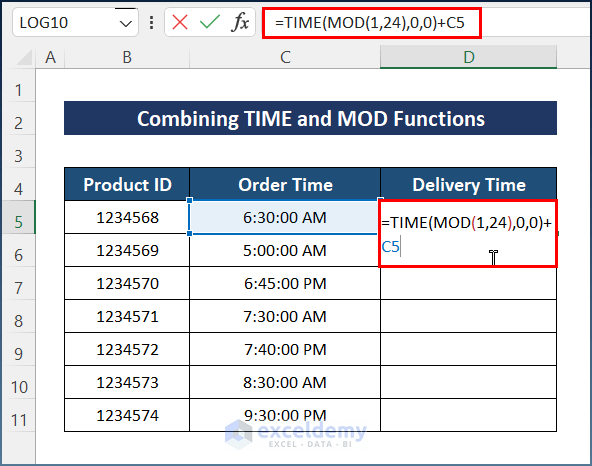 Combining TIME and MOD Functions to Add 1 Hour to Time in Excel