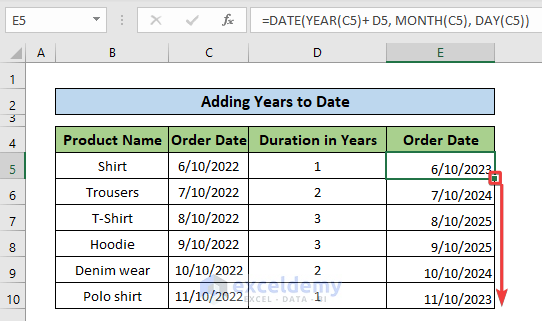 Subtract and Add Years to Date in Excel