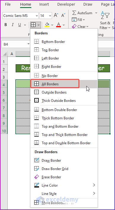 Choosing New Border Style for Removing Dotted Border in Excel