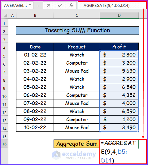 Inserting SUM Function to Aggregate Data in Excel