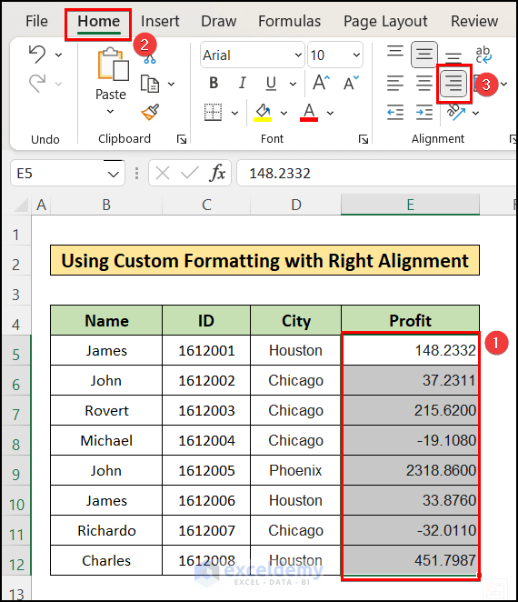 Making Right Alignement of cells to align decimal points in a column of Excel