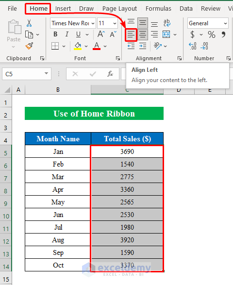 Using Home Ribbon to Align Numbers