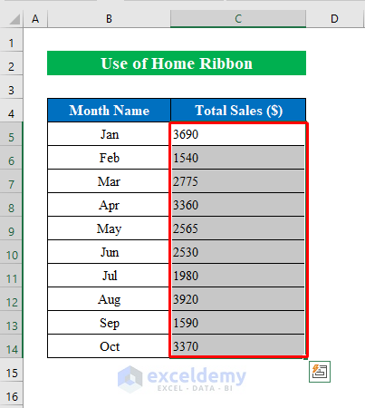 Using Home Ribbon to Align Numbers