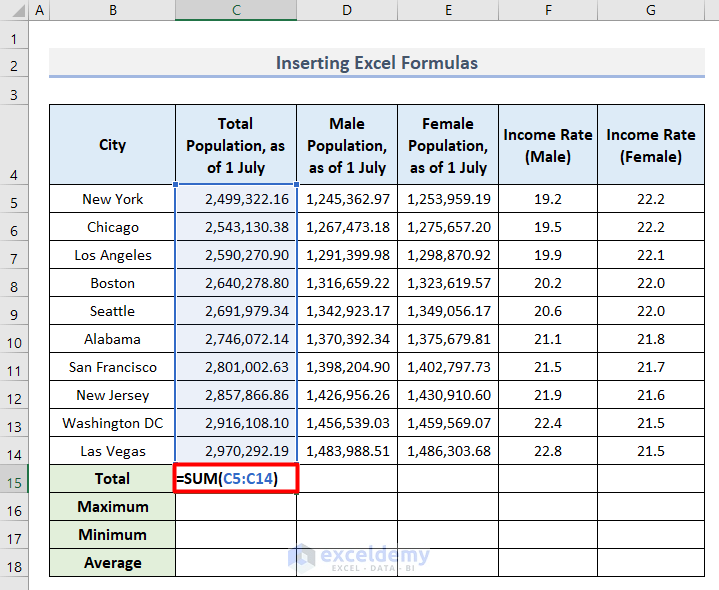 Insert Excel Formulas for Demographic Data Analysis