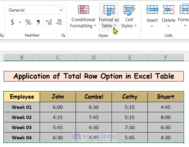 Apply Total Row Option to Autosum Time in Excel