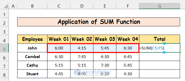 Apply SUM function to Autosum Time in Excel