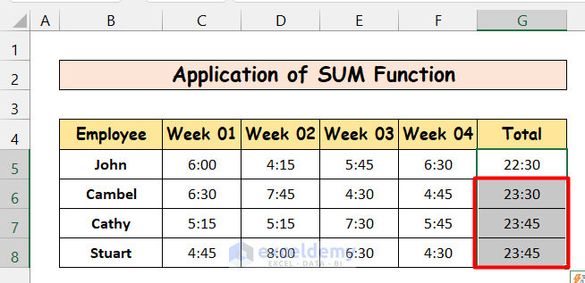Apply SUM function to Autosum Time in Excel