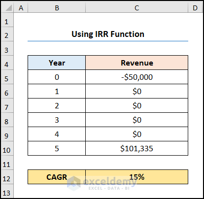 5 year cagr formula excel with IRR Function