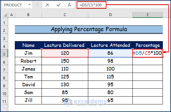 Applying Percentage Formula to Calculate Attendance Percentage in Excel