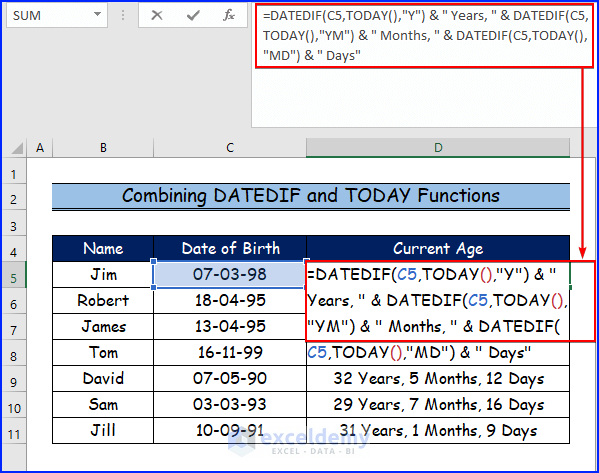  Combining DATEDIF and TODAY Functions to Calculate the Current Age in Excel