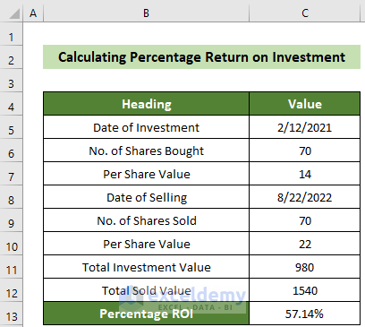 Calculated Percentage Return on Investment in Excel