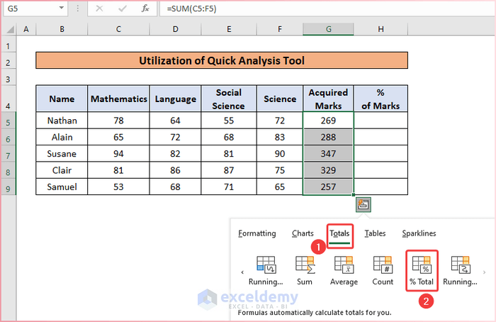 Utilizing Quick Analysis Tool as An Easy Way to Calculate Percentage for Multiple Rows  in Excel