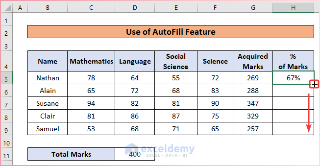  Using AutoFill Feature as An Easy Way to Calculate Percentage for Multiple Rows  in Excel