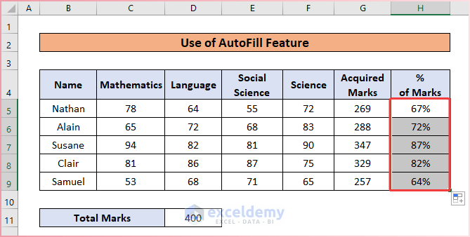 Showing Final Result for Using AutoFill Feature as An Easy Way to Calculate Percentage for Multiple Rows  in Excel
